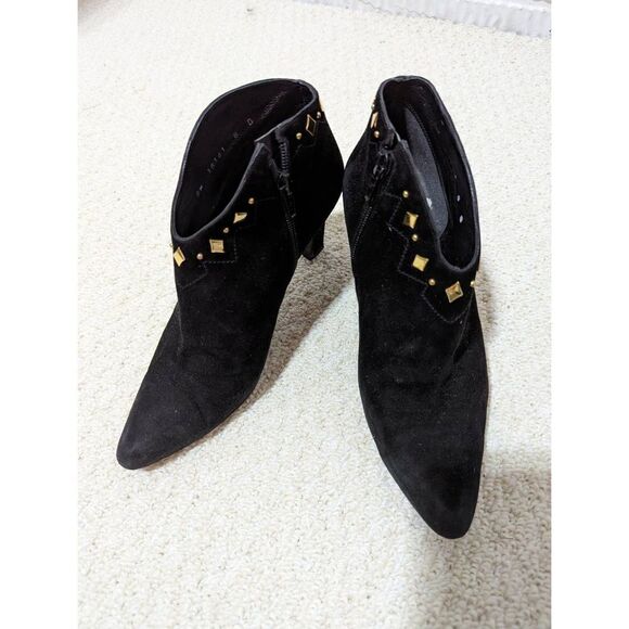 Stuart Weitzman Women's Black & Gold Zip-Up Suede Ankle Bootie Size 8 - Picture 1 of 8